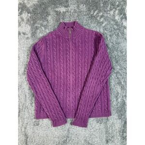 LL Bean Purple Cable Knit Full Zip Mock Neck Sweater Size Small Regular